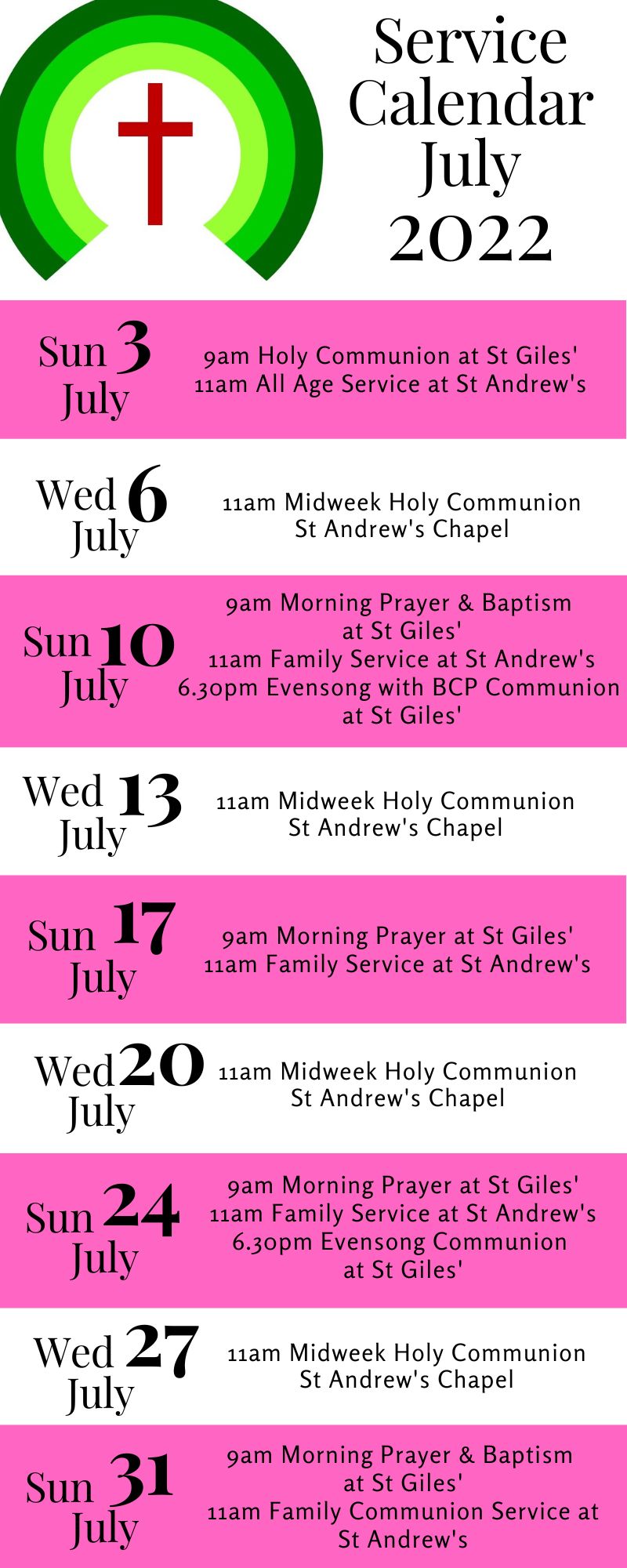 Service Calendar July 2022