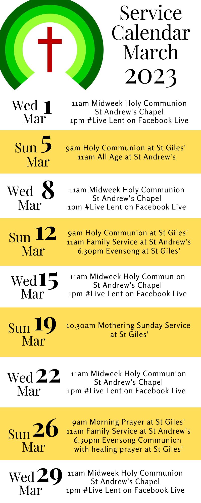 Service Calendar March 2023