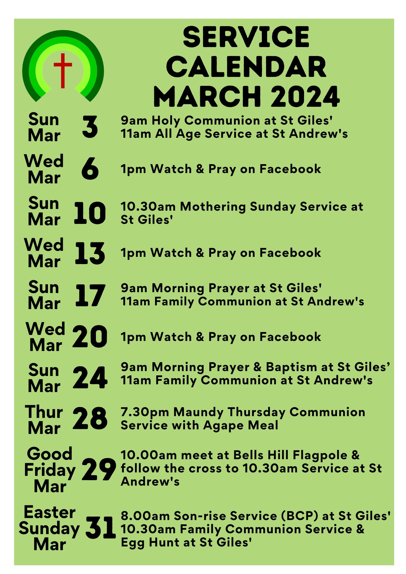 Service Calendar March 24
