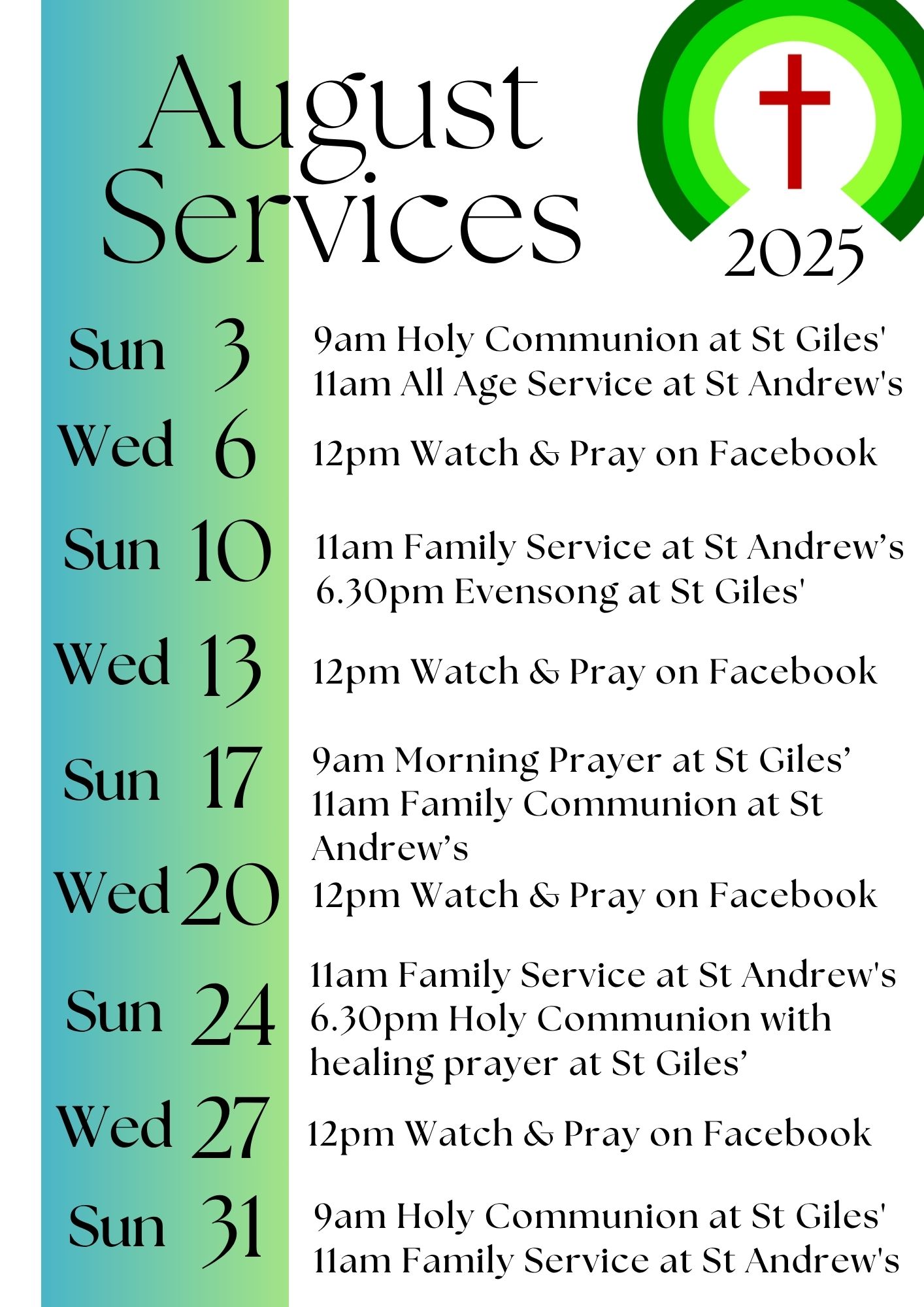 Service Calendar August 2025