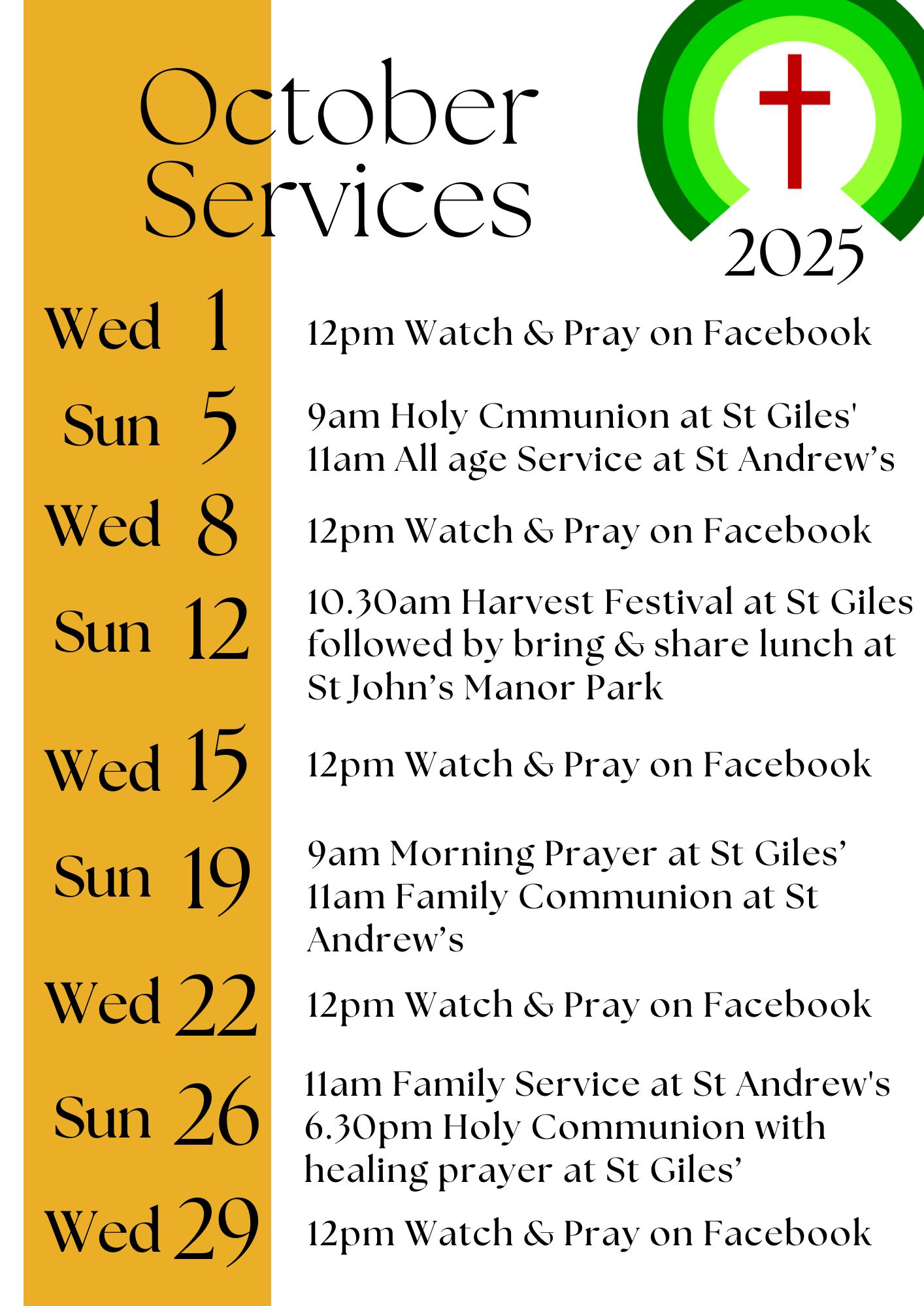 Service Calendar October 2025