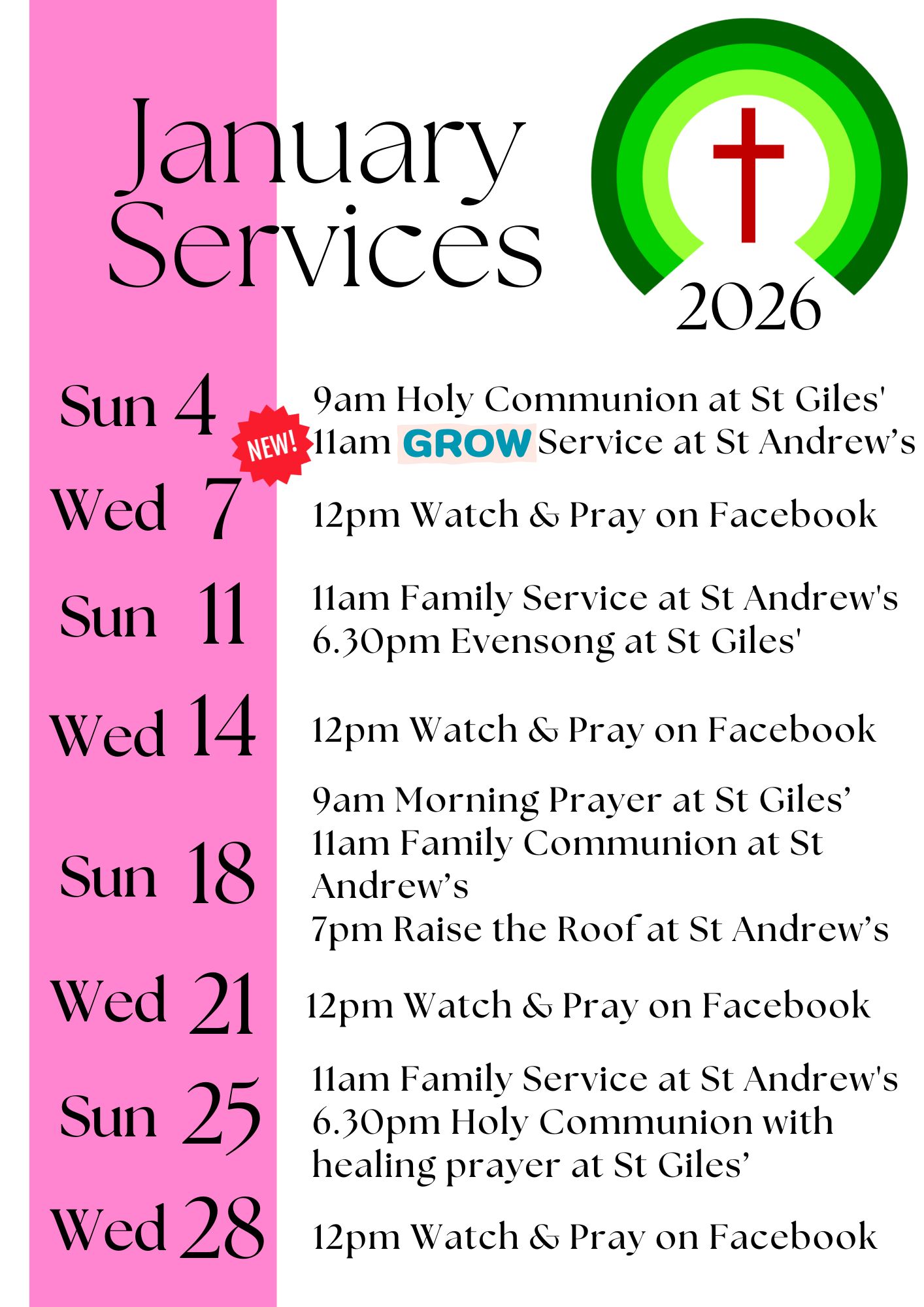 Service Calendar January 2026 
