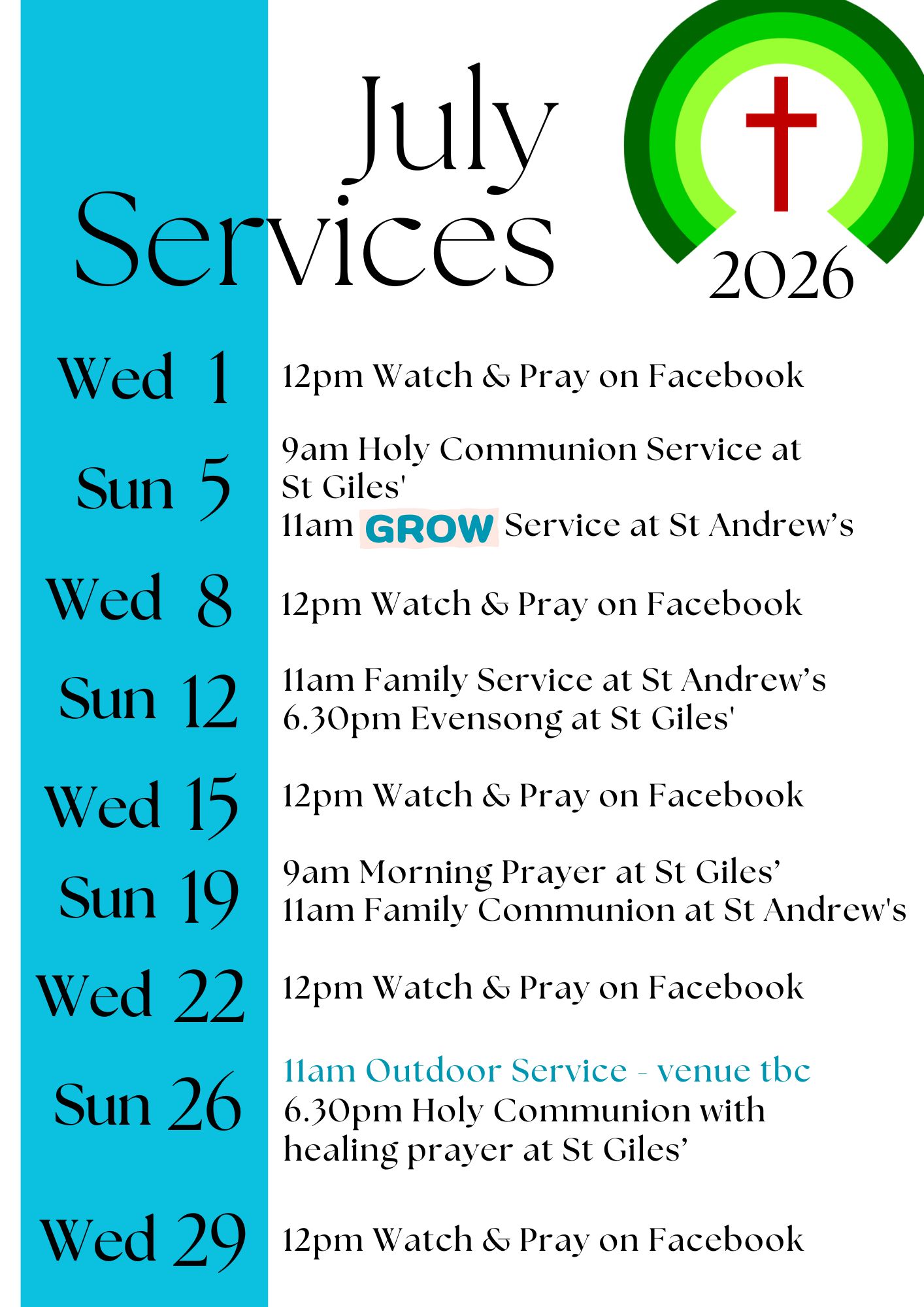 Service Calendar July 2026