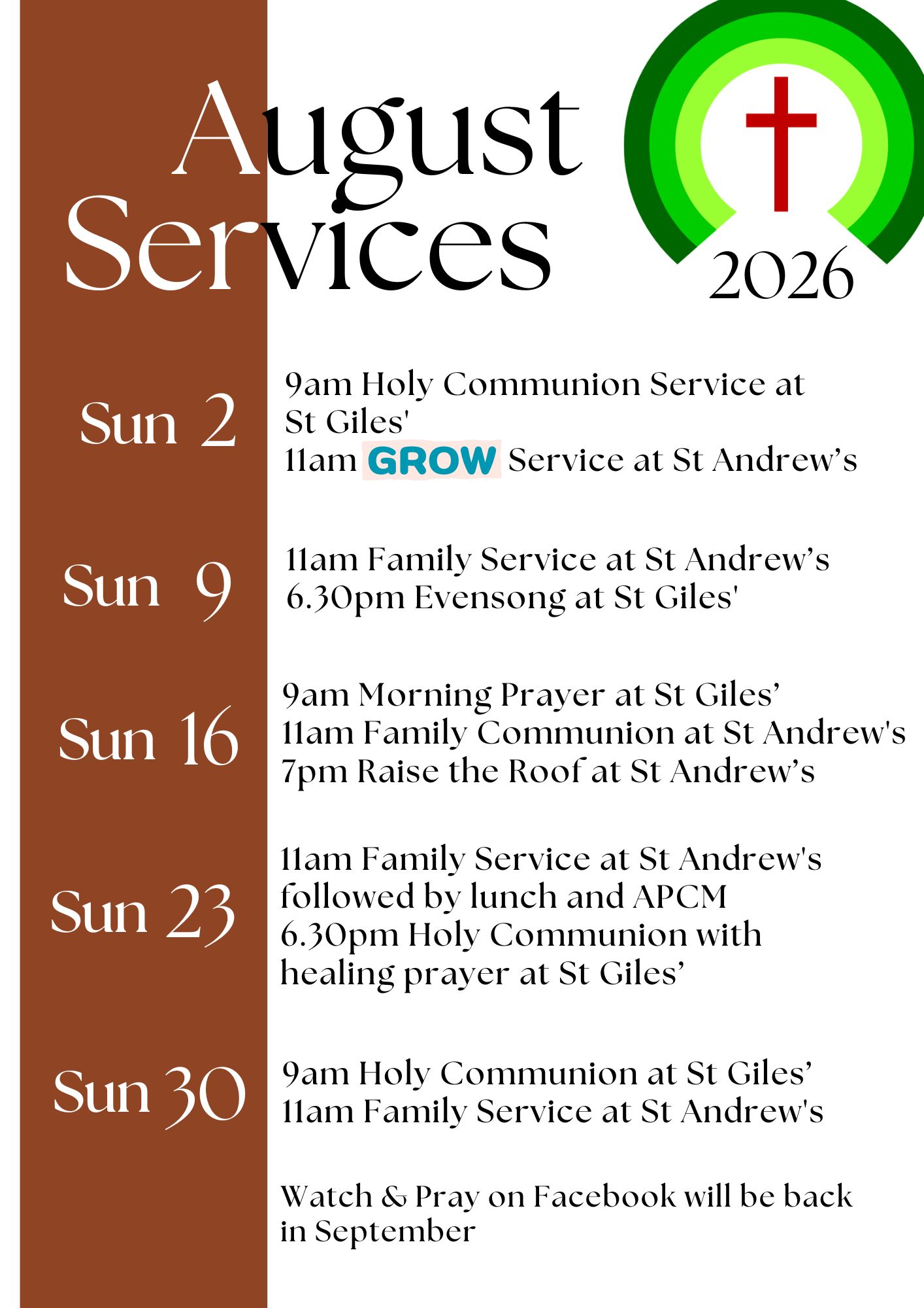 Service Calendar August 2026